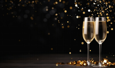 Champagne glasses with gold glitter confetti. Party invite and celebration background