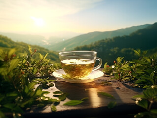 Tea cup with tea leaf on the wooden table and the tea plantations background in the morning