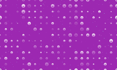 Seamless background pattern of evenly spaced white laughter Emoticons of different sizes and opacity. Vector illustration on purple background with stars
