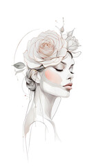 Fototapeta premium Watercolor Beautiful Woman Queen With Gothic Crown on head, Long Hair Decorated By Flowers.