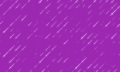 Seamless background pattern of evenly spaced white sword symbols of different sizes and opacity. Vector illustration on purple background with stars