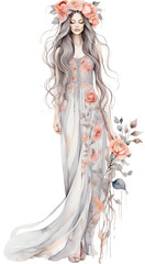 Watercolor Beautiful Woman Queen With Gothic Crown on head, Long Hair Decorated By Flowers.