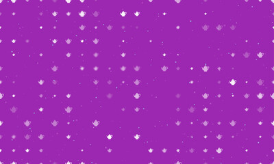 Seamless background pattern of evenly spaced white teapots of different sizes and opacity. Vector illustration on purple background with stars