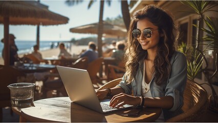 Young ethnic Indian female freelance entrepreneur excitedly working on his laptop in a sunny seaside cafe.. - obrazy, fototapety, plakaty