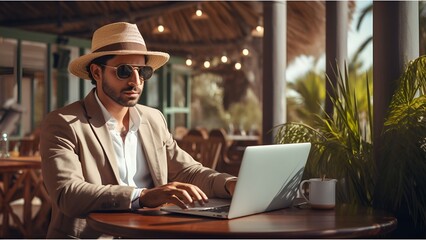 
Young ethnic Indian male freelance entrepreneur excitedly working on his laptop in a sunny seaside cafe.