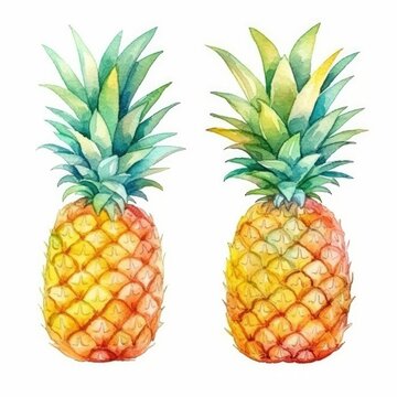 set pineapple of watercolors on white background