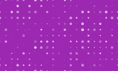 Seamless background pattern of evenly spaced white gift symbols of different sizes and opacity. Vector illustration on purple background with stars