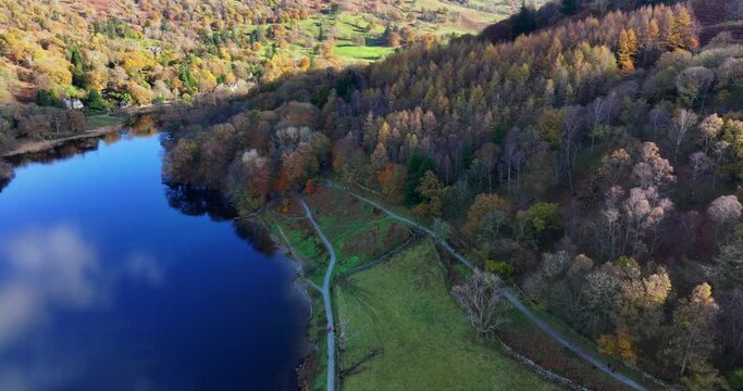 Rydal waters footpath and nature lovers walking on the lakeside on a beautiful autumn day. 
