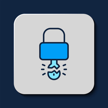 recommend clip art: Filled outline Key broke inside of padlock icon isolated on blue background. Padlock sign. Security, safety, protection, privacy concept. Vector