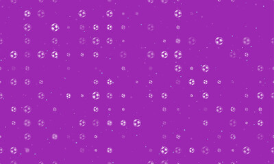 Seamless background pattern of evenly spaced white football symbols of different sizes and opacity. Vector illustration on purple background with stars