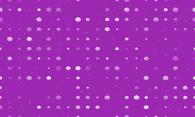 Seamless background pattern of evenly spaced white halloween pumpkin symbols of different sizes and opacity. Vector illustration on purple background with stars