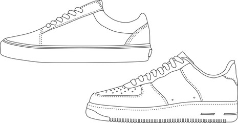 Sneakers shoes outline isolated vector. Trainer skate shoe line cut out line drawing.