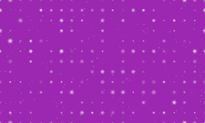 Seamless background pattern of evenly spaced white snowflakes of different sizes and opacity. Vector illustration on purple background with stars