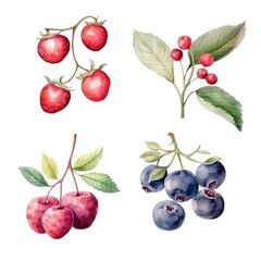 set different berries of watercolors on white background