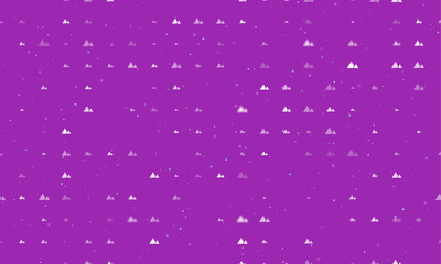 Seamless background pattern of evenly spaced white mountains symbols of different sizes and opacity. Vector illustration on purple background with stars