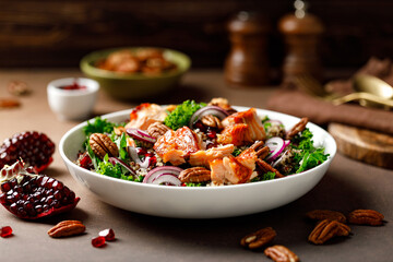 Salmon superfood salad with grilled fish, kale, quinoa, pecan nuts, red onion and pomegranate
