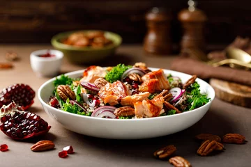 Foto op Plexiglas Salmon superfood salad with grilled fish, kale, quinoa, pecan nuts, red onion and pomegranate © Sea Wave