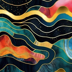 Obraz premium Abstract art deco background, wallpaper, minimalist geometric pattern, modern mosaic inlay, texture of bright multicolored marble agate and gold, stone, marbled tile, minimal. Generative AI, AI