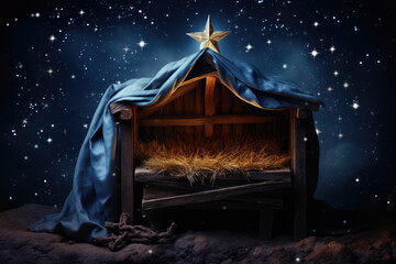 Birth of Jesus with manger and star on blackboard abstract christmas nativity scene - obrazy, fototapety, plakaty