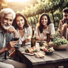 Friends enjoying a summer garden party with wine and food on a rustic wooden table.