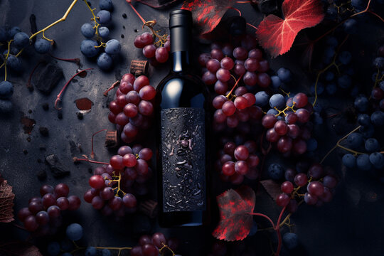 暗い石の背景にボトルとブドウの赤ワイン、　背景画像,Red wine in bottle and grapes on dark stone background, Generative AI