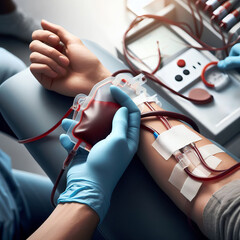 Close-up of volunteer hand donating blood. Concept of donation: Arm, needle, and blood bag. - obrazy, fototapety, plakaty