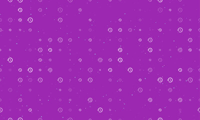 Seamless background pattern of evenly spaced white time back symbols of different sizes and opacity. Vector illustration on purple background with stars
