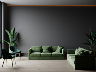 Living room in gray and black colors with green emerald vivid accent set furniture. Mockup empty dark room interior. Design in minimal style. Premium rich lounge, lobby, office, reception. 3d render