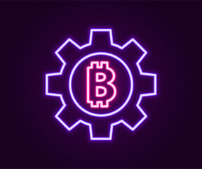 Glowing neon line Cryptocurrency coin Bitcoin icon isolated on black background. Gear and Bitcoin setting. Blockchain based secure crypto currency. Colorful outline concept. Vector