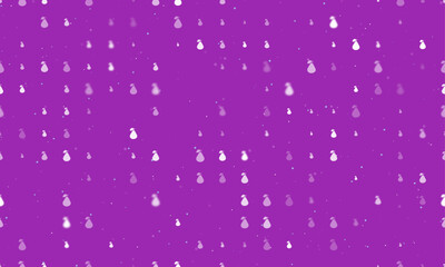Seamless background pattern of evenly spaced white pear symbols of different sizes and opacity. Vector illustration on purple background with stars