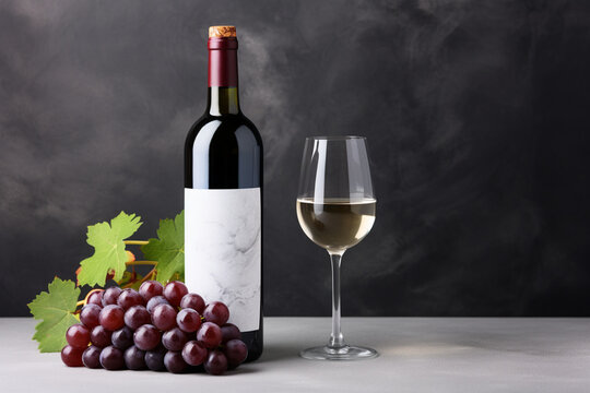 暗い石の背景にボトルとブドウの赤ワイン、　背景画像,Red wine in bottle and grapes on dark stone background, Generative AI