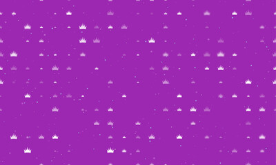 Seamless background pattern of evenly spaced white crown symbols of different sizes and opacity. Vector illustration on purple background with stars