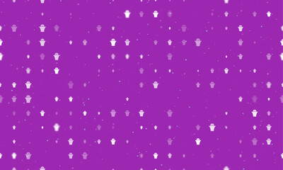 Seamless background pattern of evenly spaced white basketball symbols of different sizes and opacity. Vector illustration on purple background with stars