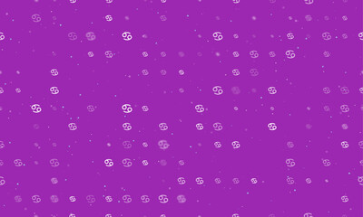 Seamless background pattern of evenly spaced white cancer zodiac symbols of different sizes and opacity. Vector illustration on purple background with stars