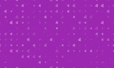 Seamless background pattern of evenly spaced white zodiac leo symbols of different sizes and opacity. Vector illustration on purple background with stars
