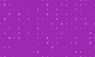 Seamless background pattern of evenly spaced white zodiac gemini symbols of different sizes and opacity. Vector illustration on purple background with stars