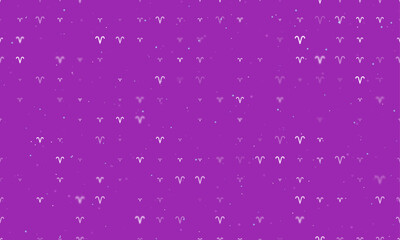 Seamless background pattern of evenly spaced white zodiac aries symbols of different sizes and opacity. Vector illustration on purple background with stars