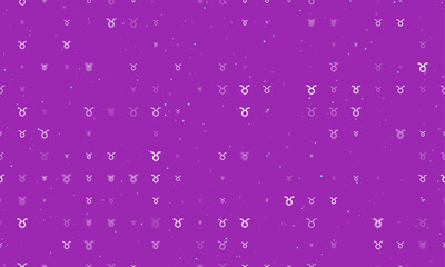 Seamless background pattern of evenly spaced white zodiac taurus symbols of different sizes and opacity. Vector illustration on purple background with stars