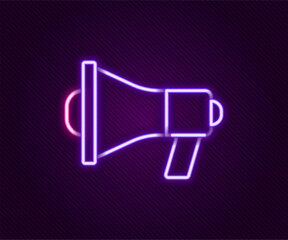 Glowing neon line Megaphone icon isolated on black background. Speaker sign. Colorful outline concept. Vector