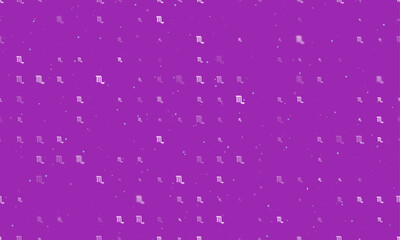 Seamless background pattern of evenly spaced white zodiac scorpio symbols of different sizes and opacity. Vector illustration on purple background with stars