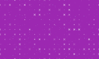 Seamless background pattern of evenly spaced white zodiac pisces symbols of different sizes and opacity. Vector illustration on purple background with stars