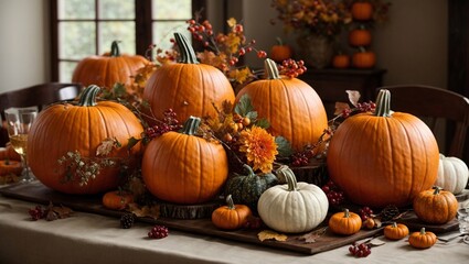 A Festive Display of Pumpkins on a Rustic Wooden Table