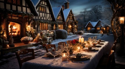 Cozy Christmas Dinner: Festive Table Setting in a Snowy Evening Home