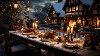 Fototapeta na wymiar Cozy Christmas Dinner: Festive Table Setting in a Snowy Evening Home