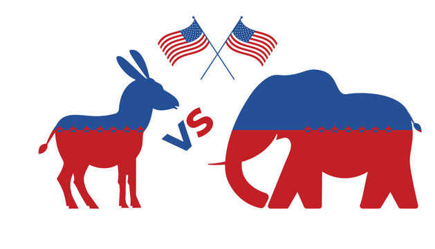 Elephant VS donkey poster for United States presidential election 2024. Election of USA. American Democrats and Republicans parties.