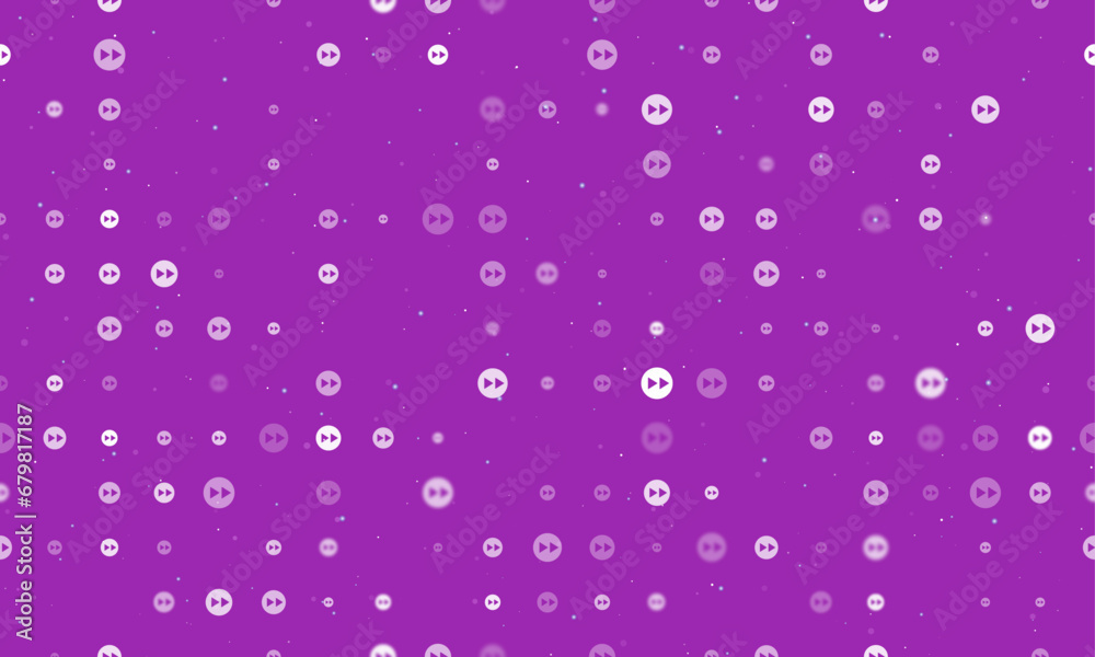 Poster seamless background pattern of evenly spaced white fast forward symbols of different sizes and opaci