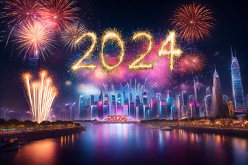 Step into 2024 with a vibrant celebration, illuminated by fireworks and a festive crowd ushering in a promising future amidst the bustling cityscape