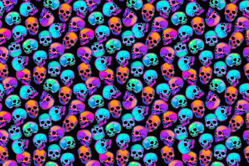 Seamless illustration of neon bright human skulls