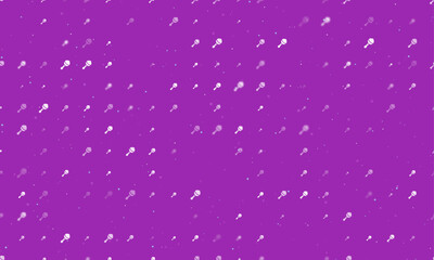 Seamless background pattern of evenly spaced white baby rattle symbols of different sizes and opacity. Vector illustration on purple background with stars