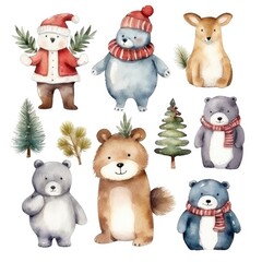 set different cartoon winter cute animals character of watercolors on white background